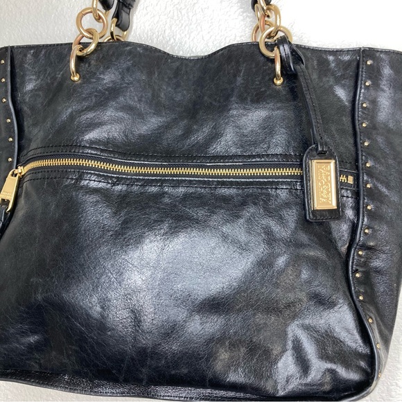 BADGLEY MISCHKA Black Tessa Shine Leather Studded Tote Handbag 17x13" - Picture 15 of 16